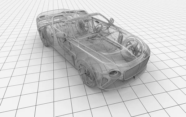 钢丝平台上未命名的通用线框跑车 3D插图 — 图库照片