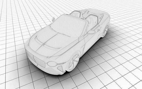 金属丝平台上的无品牌通用跑车的线框 3D插图 — 图库照片