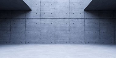 Empty, modern concrete walls hallway room with ceiling light in the back, 3D illustration