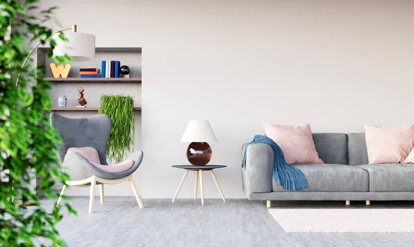 Modern Bright Living Room Sofa Armchair Illustration — 图库照片#