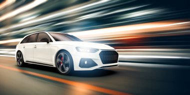 Kentte asfalt yolda beyaz ve markasız araba sürüşü, 3 boyutlu illüstrasyon