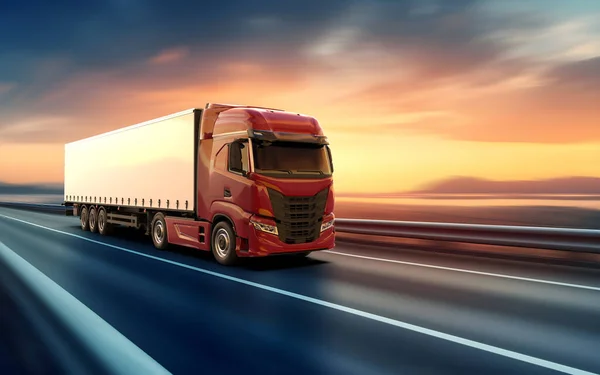 アスファルト道路で運転する一般的で非ブランドの赤いトラックの速度 3Dイラスト — ストック写真