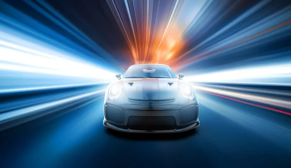 青いトンネルで運転する一般的でブランドのないスポーツカーのスピード 3Dイラスト — ストック写真