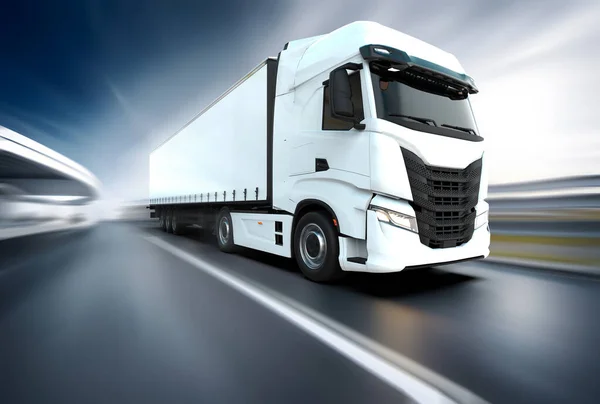 一般的でブランドされていない白いトラックの速度は 昼間の運転 3Dイラスト — ストック写真