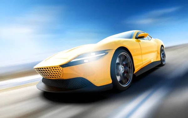 デイタイムで運転する一般的でブランドされていない黄色い車の速度 3Dイラスト — ストック写真
