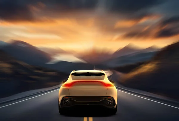 山の日没でアスファルト道路を走る白いジェネリックでブランドのない車の速度 3Dイラスト — ストック写真