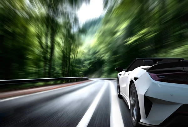 木製のアスファルト道路で運転する白いジェネリックでブランドのない車の速度 3Dイラスト — ストック写真