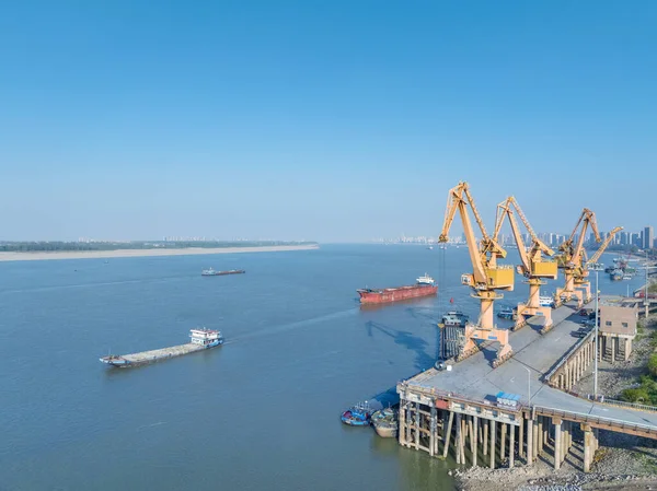 Inland River Logistics Wharf Scene Aerial View Port Crane Yangtze — Stock Photo, Image