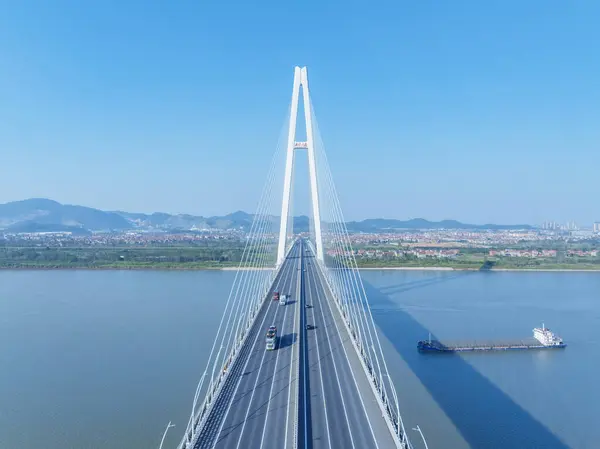 Luftaufnahme Der Schrägseilbrücke Jangtse Chinesische Schriftzeichen Auf Dem Brückenturm Lesen lizenzfreie Stockfotos
