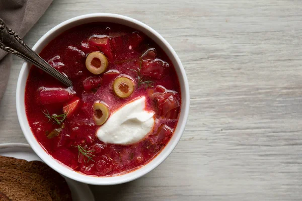 Bowl Chunky Borscht Soup Topped Green Olives Sour Cream Stock Photo