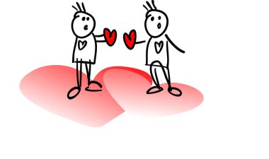 Adamlar buluşmaya gittiler, ellerinde iki kırmızı kalple dolaşıyorlardı. Birbirine aşık homoseksüel bir çiftin vektör çizimi