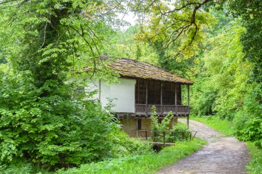 BOZENTSI, BULGARIA - 26 Mayıs 2023: Bulgaristan 'ın Gabrovo bölgesindeki köyün mimari-tarihi rezervindeki eski evlerin bahar manzarası