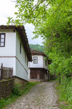 BOZENTSI, BULGARIA - 26 Mayıs 2023: Bulgaristan 'ın Gabrovo bölgesindeki köyün mimari-tarihi rezervindeki eski evlerin bahar manzarası