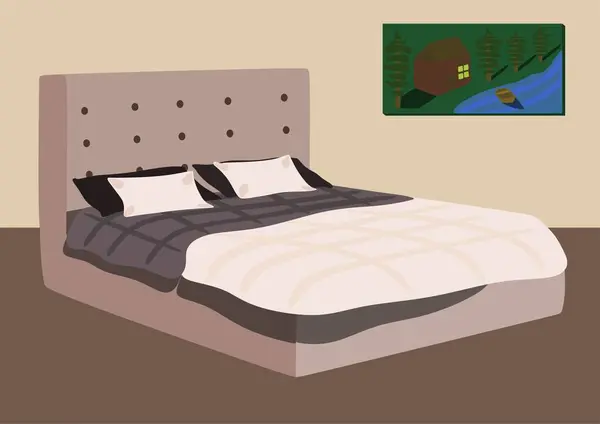 ブランケットが付いている木製の二重ベッド 枕と毛布が付いている漫画の木製ベッドのイラスト インテリア家具 — ストック写真