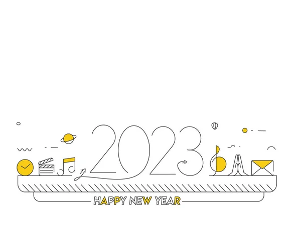2023 Feliz Año Nuevo Texto Con Iconos Música Design Patter — Vector de stock