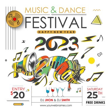 Sosyal medya paylaşımı için 2023 Yeni Yıl Müzik Partisi Olay Uçucu Posteri.