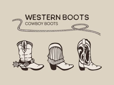 Cowboy boots, western boots vector illustration. Boots set american style hand drawing