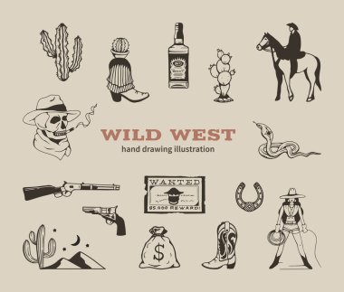 Wild west collection hand drawing illustration. Wild west set