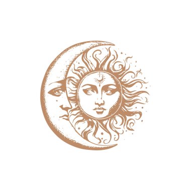 Moon and Crescent, hand drawing in engraving style. Vector graphic retro illustration. Vintage pastiche of esoteric and occult sign.