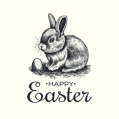 Rabbit and egg vector illustration. Happy Easter sketch hand drawing. Greeting card little cute rabbit