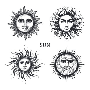 Sun collection. The sun is drawn by hand in the style of engraving. Overview graphic retro illustration. Vintage stylization of esoteric and occult sign.