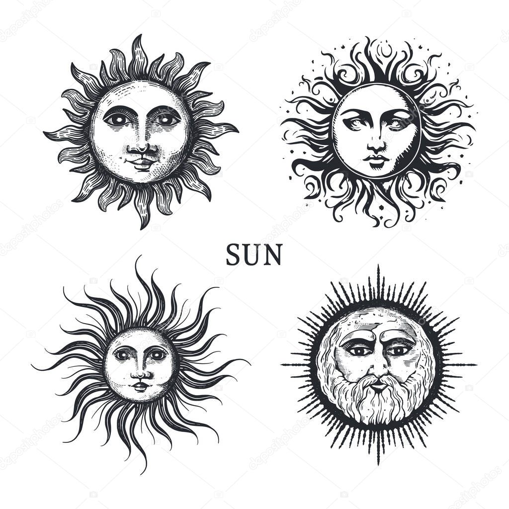 Sun collection. The sun is drawn by hand in the style of engraving. Overview graphic retro illustration. Vintage stylization of esoteric and occult sign.