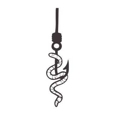 Kanca vektör illüstrasyonunda solucan. Balık tutmak için solucan. Balık yakalamak için solucan.