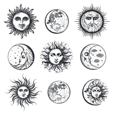Moon and sun, hand drawing in engraving style set. Vector graphic retro illustration. Vintage pastiche of esoteric and occult sign collection.