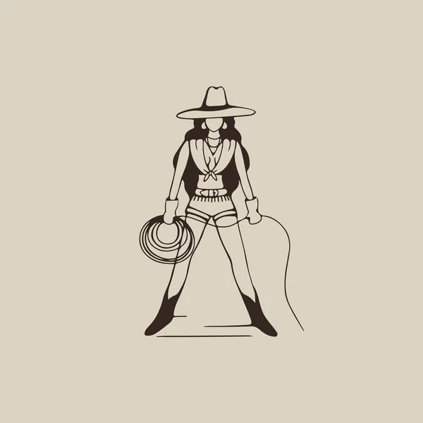 Cowboy Girl Lasso Wild West Girl Hand Drawing Vector Illustration — Stock Vector