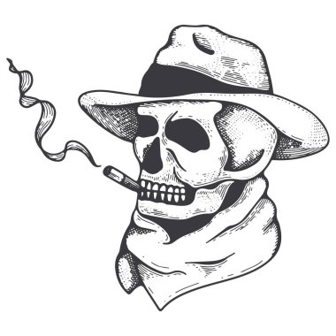 Skull hand drawing vector illustration. Skull in engraving style. Skull in a hat with a cigar
