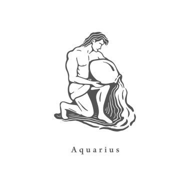 Kova burcu sembolü, oyma stiliyle çizilmiş. Astrolojik işaretin vektör grafik çizimi: Kova burcu