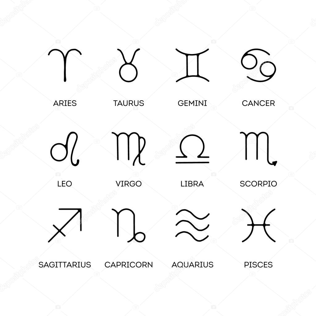 Zodiac signs. Set of zodiac signs icons. Vector illustration hand drawing