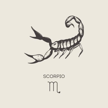 Akrep burcu sembolü, elle oyma şeklinde çizilmiş. Astrolojik işaretin vektör illüstrasyonu Akrep.