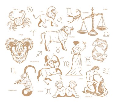 Zodiac gravür şeklinde tabela koleksiyonu yapıyor. Burç sembolleri tasarım konsepti, el çizimi vektör çizimleri. Astrolojik arkaplan.