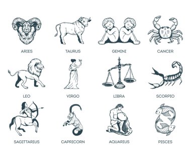 Zodiac vektör illüstrasyonunu imzalıyor. Zodiac işaretleri el çizimini ayarlıyor. Astroloji sembolleri