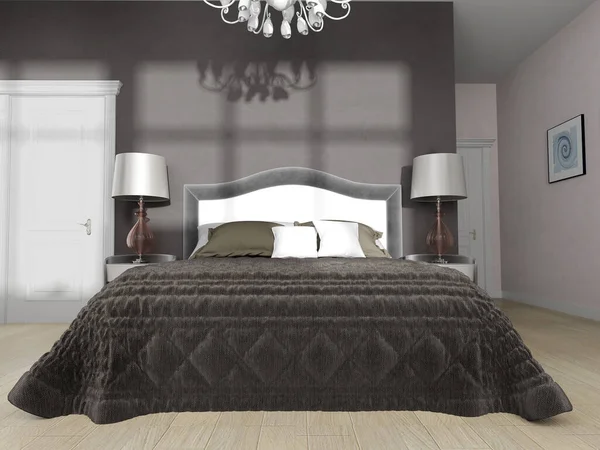 黑暗色彩的现代室内空气中的卧室 3D渲染 — 图库照片