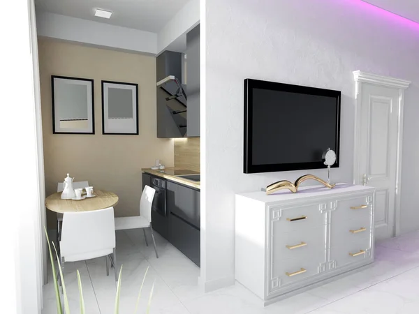 公寓里的现代化厨房 用米色调做的 3D渲染 — 图库照片