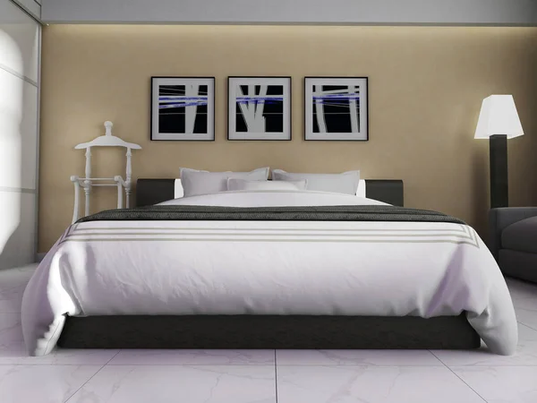 Slaapkamer Een Modern Interieur Beige Tinten Destructie — Stockfoto