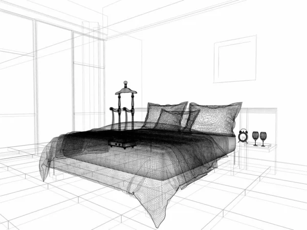 Schlafzimmer Der Wohnung Ist Mit Linien Rendering — Stockfoto