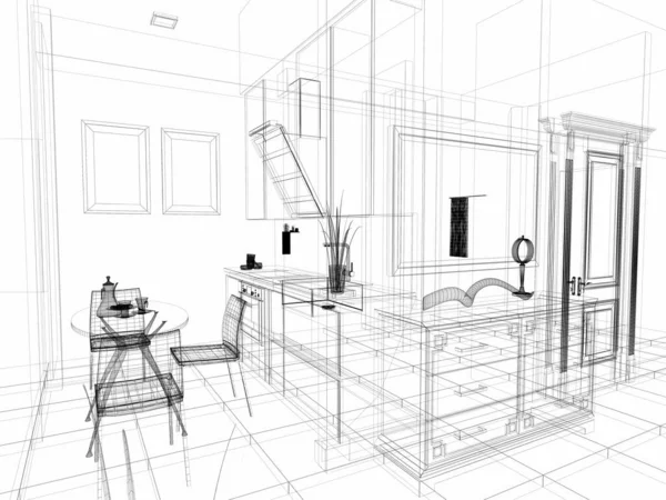 Moderne Küche Der Wohnung Mit Linien Rendering — Stockfoto