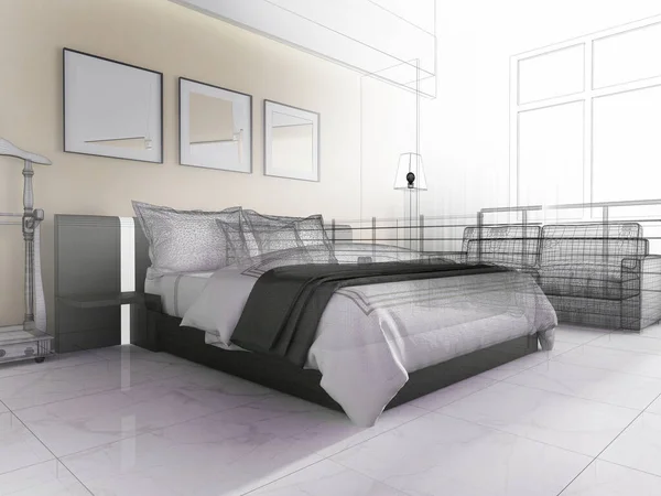 Slaapkamer Een Modern Interieur Beige Tinten Destructie — Stockfoto
