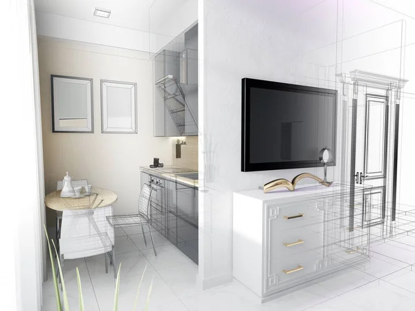 公寓里的现代化厨房 用米色调做的 3D渲染 — 图库照片