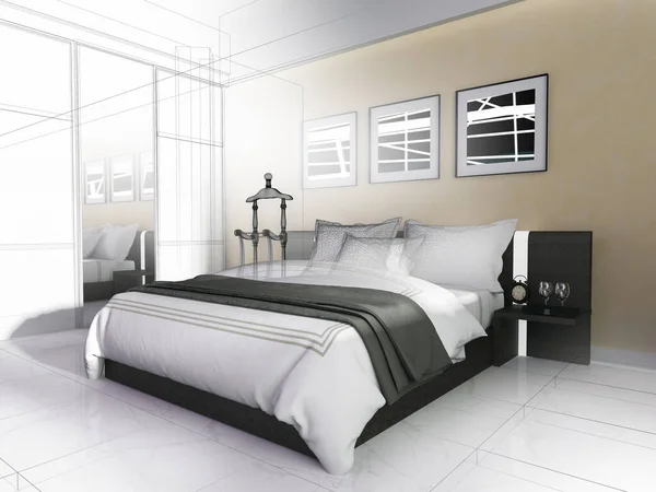 米色色调的现代室内空气中的卧室 3D渲染 — 图库照片