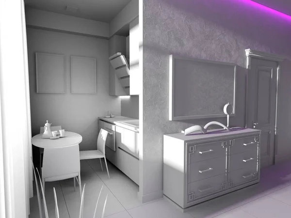 公寓里的现代化厨房 是用黑白调做的 3D渲染 — 图库照片
