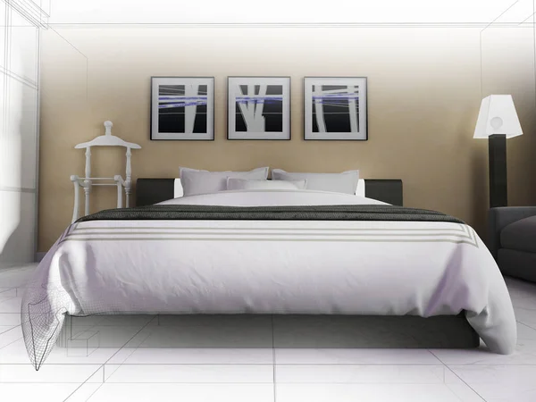 Dormitorio Interior Moderno Tonos Beige Renderizado — Foto de Stock