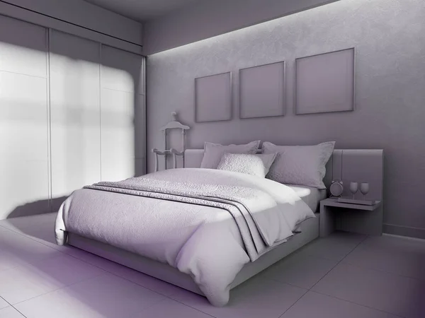 Das Schlafzimmer Der Wohnung Ist Schwarz Weiß Gehalten Darstellung lizenzfreie Stockbilder