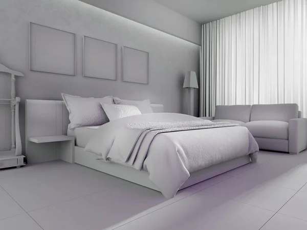 아파트의 침실은 흑백이다 렌더링 스톡 사진