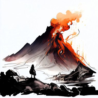 Patlayan volkan, mürekkep ve suluboya beyaz kağıt üzerine çizim, stok illüstrasyon