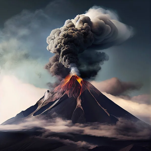 Ausbrechender Vulkan Vor Dunklem Himmel Dicker Rauch Und Lava Stockbild