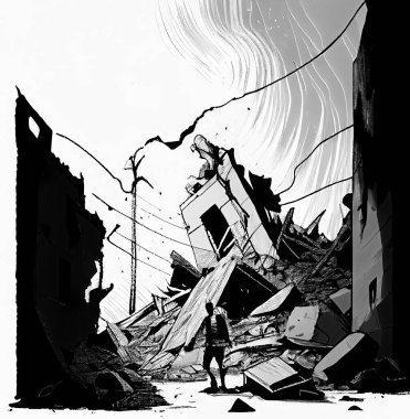 Evin arka planında bir insan deprem tarafından yok edilmiş, tek renkli çizimler.